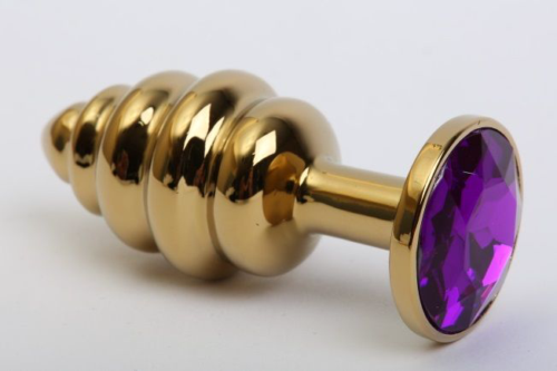 Золотистая рифлёная пробка с фиолетовым стразом - 8,2 см. - 0