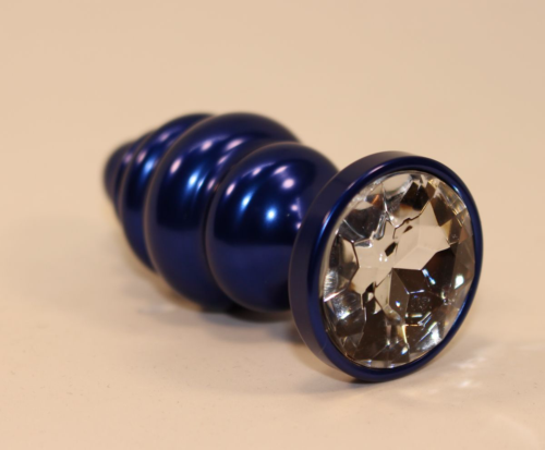 Синяя рифлёная пробка с прозрачным кристаллом - 7,3 см. - 1