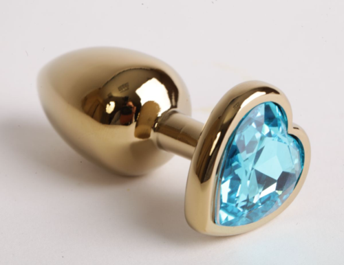 Золотистая анальная пробка с голубым кристаллом-сердцем - 9 см. - 0