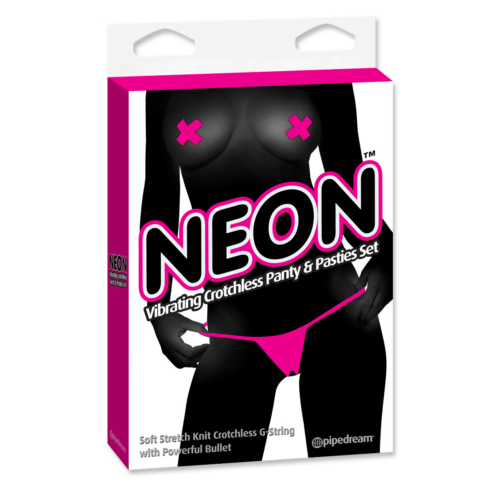 Ярко-розовые вибротрусики с вырезом и пэстисы Neon Vibrating Crotchless Panty and Pasties Set - 1