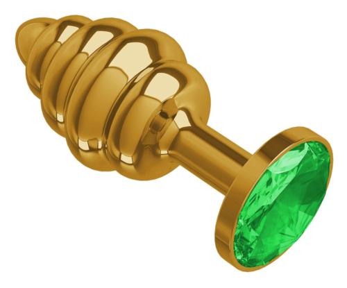Золотистая пробка с рёбрышками и зеленым кристаллом - 7 см. - 0