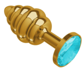 Золотистая пробка с рёбрышками и голубым кристаллом - 7 см. - 0