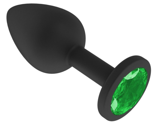 Чёрная анальная втулка с зеленым кристаллом - 7,3 см. - 0