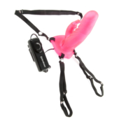 Розовый мужской полый страпон с вибрацией и клиторальным стимулятором - 2
