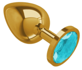 Золотистая большая анальная пробка с голубым кристаллом - 9,5 см. - 0