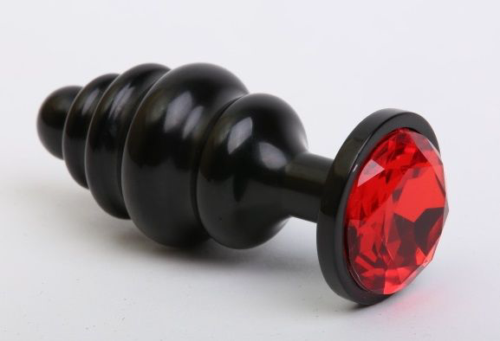 Черная фигурная анальная пробка с красным кристаллом - 8,2 см. - 0