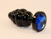 Черная фигурная анальная пробка с синим кристаллом - 8,2 см. - 0