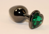 Черная коническая анальная пробка с зеленым кристаллом-сердечком - 8 см. - 0