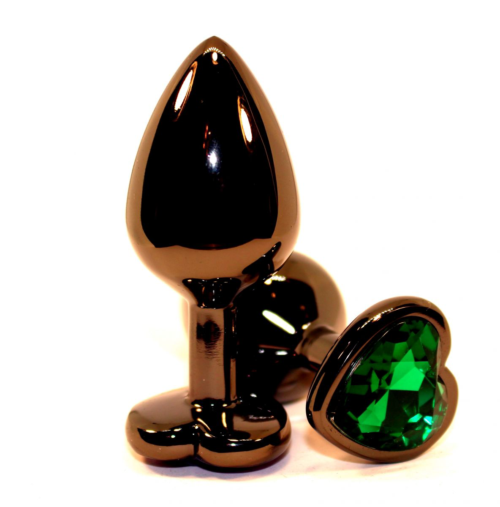 Черная коническая анальная пробка с зеленым кристаллом-сердечком - 8 см. - 1
