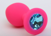 Розовая силиконовая анальная пробка с голубым стразом - 9,5 см. - 0