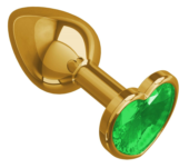 Золотистая анальная втулка с зеленым кристаллом-сердцем - 7 см. - 0