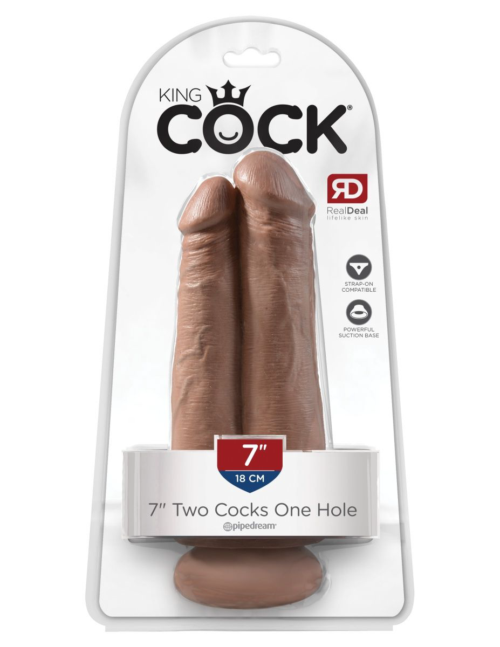 Сдвоенный кофейный фаллоимитатор на присоске 7 Two Cocks One Hole - 20,3 см. - 2