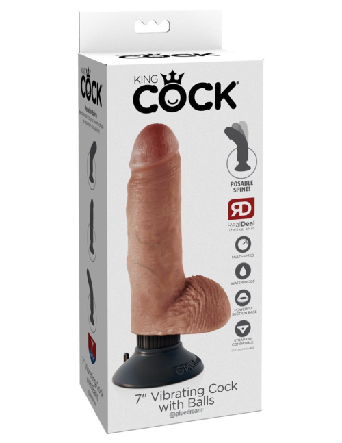 Кофейный вибратор с мошонкой и съемной присоской 7 Vibrating Cock with Balls - 17,8 см. - 5