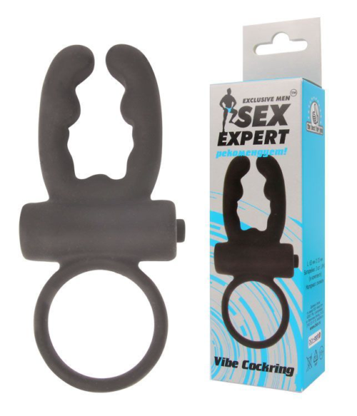Чёрное эрекционное кольцо с вибрацией и рожками Sex Expert - 1