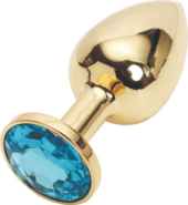 Золотистая анальная пробка с голубым кристаллом размера S - 7 см. - 0