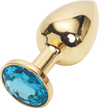 Золотистая анальная пробка с голубым кристаллом размера S - 7 см.