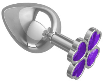 Серебристая анальная пробка-клевер с фиолетовым кристаллом - 9,5 см.