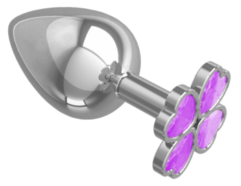 Серебристая анальная пробка-клевер с сиреневым кристаллом - 9,5 см.