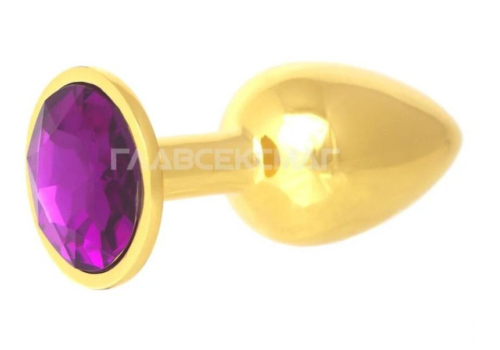 Золотистая анальная пробка с фиолетовым кристаллом - 7 см. - 0