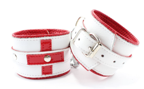 Бело-красные кожаные наручники для медсестры - 0