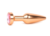 Удлиненная коническая гладкая золотистая анальная втулка с розовым кристаллом - 11,3 см. - 0