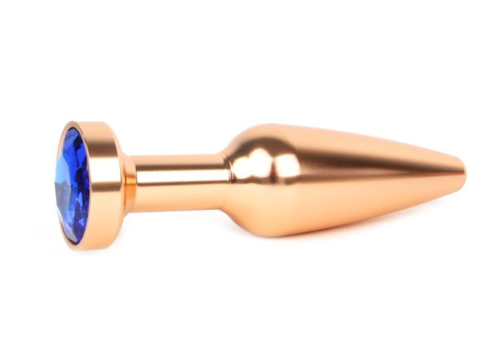 Удлиненная коническая гладкая золотистая анальная втулка с синим кристаллом - 11,3 см. - 0