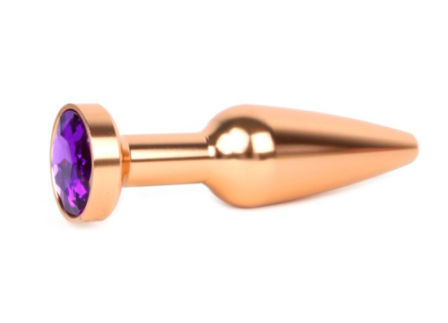 Удлиненная коническая гладкая золотистая анальная втулка с кристаллом фиолетового цвета - 11,3 см. - 0