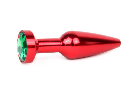 Удлиненная коническая гладкая красная анальная втулка с зеленым кристаллом - 11,3 см. - 0