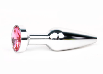 Удлиненная коническая гладкая серебристая анальная втулка с розовым кристаллом - 11,3 см.
