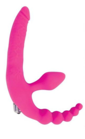 Розовый безремневой страпон с анальным отростком и вибрацией - 15 см. - 0