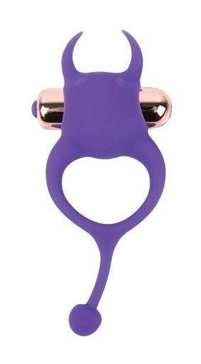 Фиолетовое эрекционное виброкольцо с рожками и хвостиком - 0
