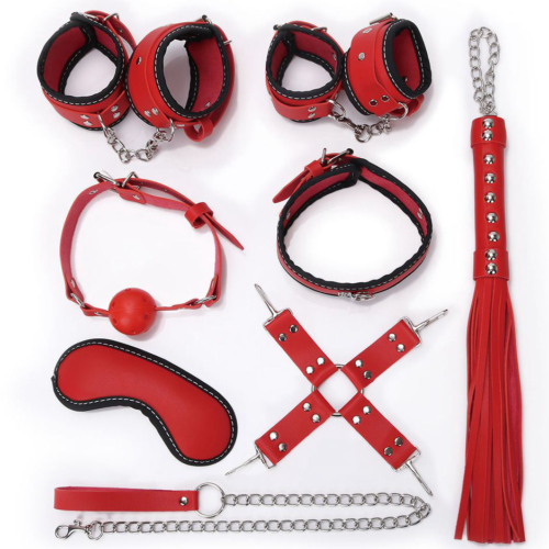 Пикантный красно-черный набор БДСМ: маска, ошейник, кляп, фиксатор, наручники, оковы, плеть - 0