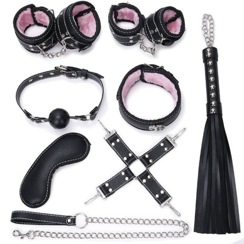 Пикантный черно-розовый набор БДСМ: маска, ошейник, кляп, фиксатор, наручники, оковы, плеть - 0