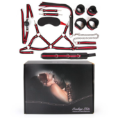 Черно-красный набор БДСМ: наручники, оковы, ошейник с поводком, кляп, маска, плеть, лиф - 1