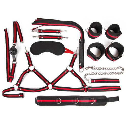 Черно-красный набор БДСМ: наручники, оковы, ошейник с поводком, кляп, маска, плеть, лиф - 0