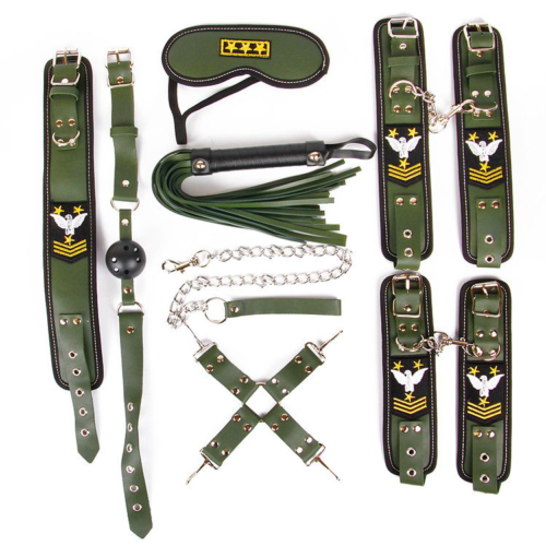 Набор в армейской тематике: наручники, оковы, ошейник с поводком, кляп, маска, плеть, фиксатор - 0