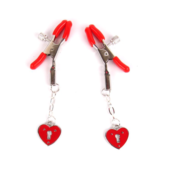 Красные металлические зажимы на соски с декором в виде сердечек на цепочке - 0