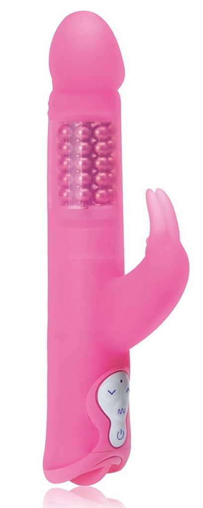 Розовый силиконовый вибратор с шариками и клиторальным отростком - 25 см. - 0