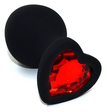 Черная анальная силиконовая пробка с красным кристаллом в форме сердца - 8,8 см. - 0