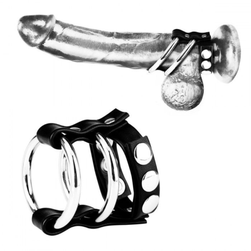Двойное металлическое кольцо на пенис с регулируемым ремешком - 0