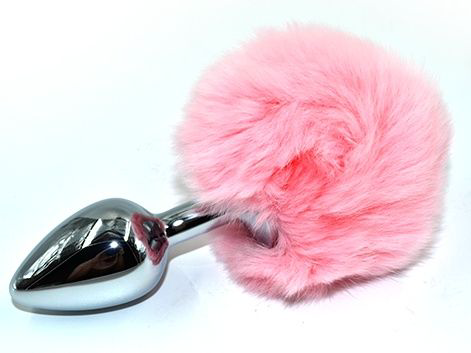 Серебристая округлая анальная пробка с заячьим хвостиком розового цвета - 11,5 см. - 0