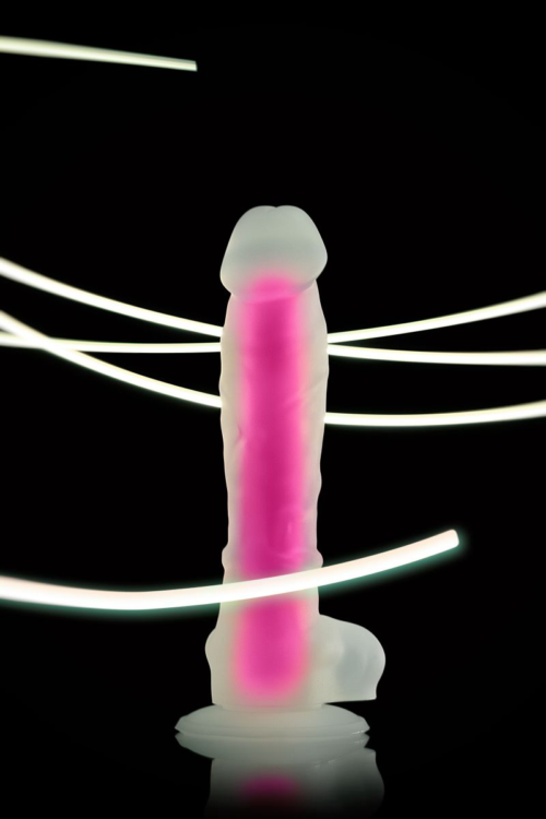 Прозрачно-розовый фаллоимитатор, светящийся в темноте, Clark Glow - 22 см. - 9