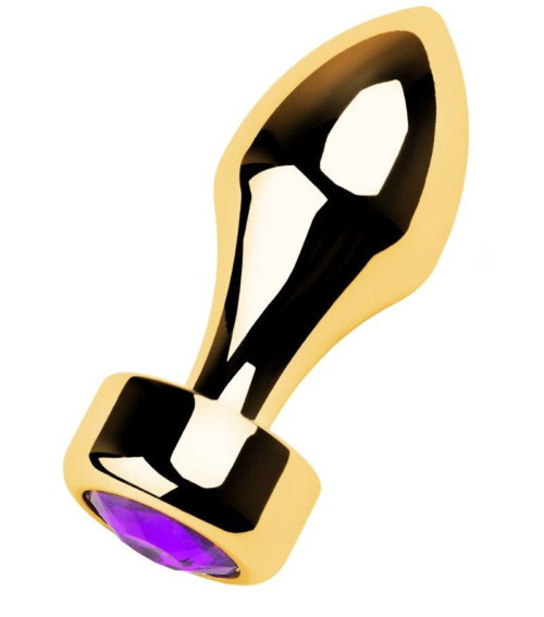 Золотистая анальная пробка с широким основанием и фиолетовым кристаллом - 7,5 см. - 1