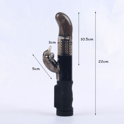 Дымчатый вибратор с изогнутой головкой, ротацией и клиторальным отростком - 22 см. - 1