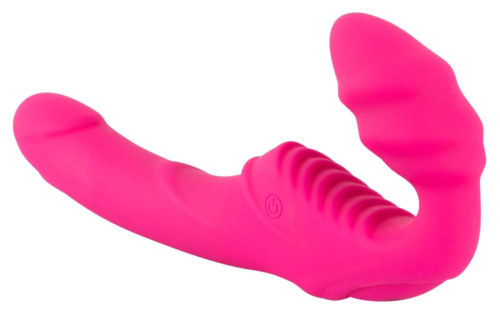 Розовый безремневой страпон с вибрацией - 2