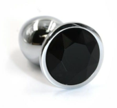 Серебристая алюминиевая анальная пробка с чёрным кристаллом - 8,4 см. - 0