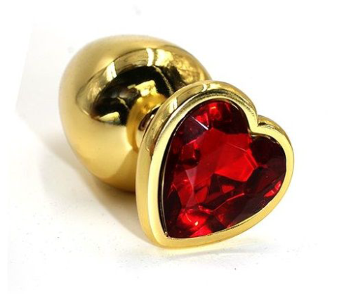 Золотистая алюминиевая анальная пробка с красным кристаллом-сердцем - 8,4 см. - 0