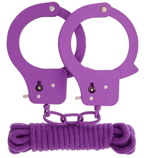 Фиолетовые наручники из листового металла в комплекте с веревкой BONDX METAL CUFFS LOVE ROPE SET - 0