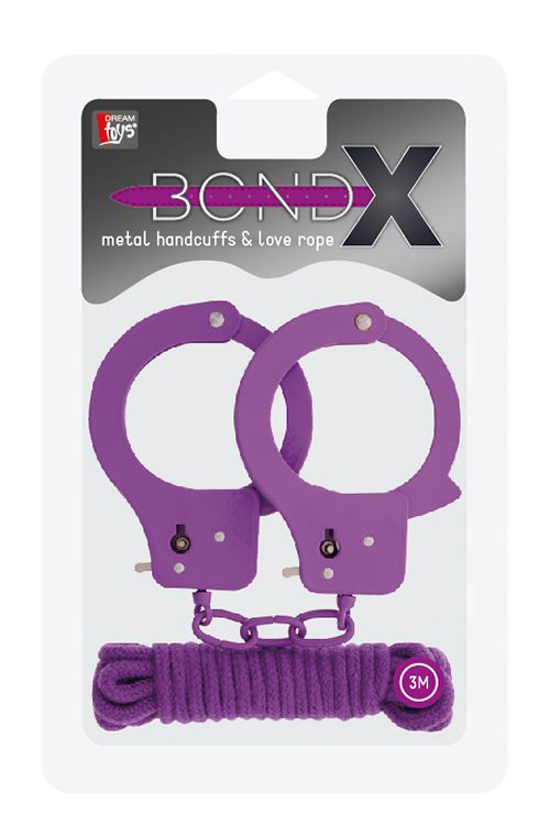 Фиолетовые наручники из листового металла в комплекте с веревкой BONDX METAL CUFFS LOVE ROPE SET - 1