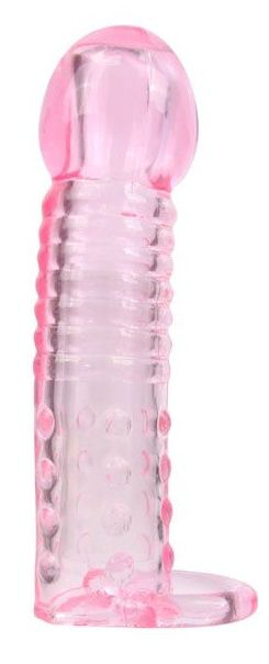 Розовая закрытая насадка на фаллос с кольцом для мошонки - 13,5 см. - 0